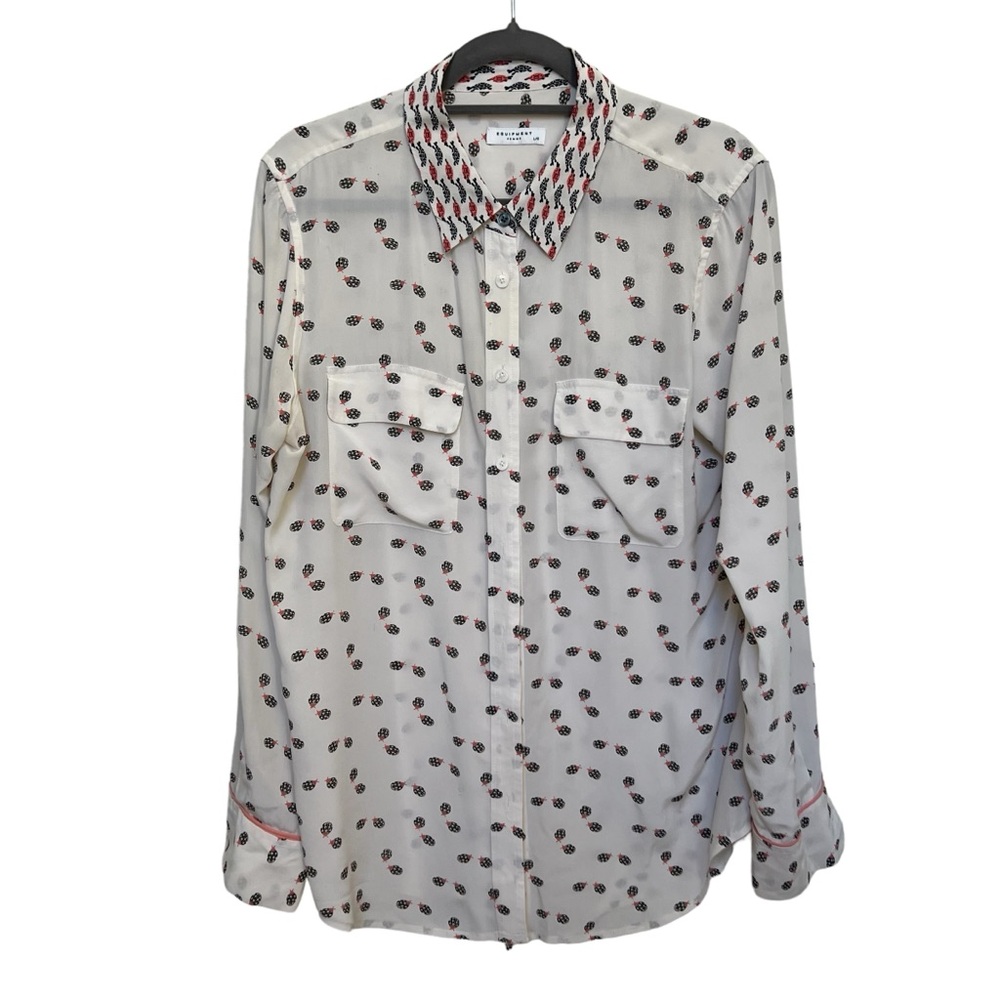 Equipment Cream Silk Button-Up Blouse with Black and Red Spot Print